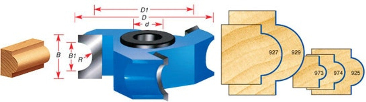 Amana Tool 974 Carbide Tipped 3-Wing Bullnose 3/16 R x 3/8 Bead R x 2-5/8 D x 5/8 CH x 1/2 & 3/4 Bore Shaper Cutter