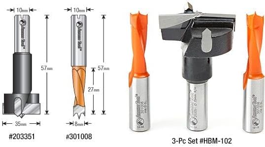 Amana Tool - HBM-102 3-Pc Hinge Boring 57 Long x 10mm Shank Carbide Tipped Bit Set