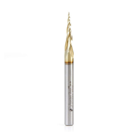 HSS1300 CNC 2D and 3D Carving Ball Nose 6.2 Deg Tapered Angle x 1/32 Dia x 1/64 Radius x 1 CH x 1/4 Shank x 3 Inch Long x 3 Flute High Speed Steel (HSS) ZrN Coated Upcut Router Bit