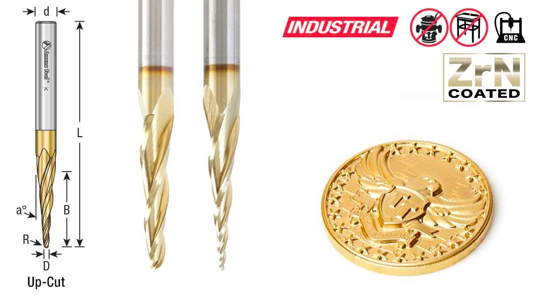HSS1300 CNC 2D and 3D Carving Ball Nose 6.2 Deg Tapered Angle x 1/32 Dia x 1/64 Radius x 1 CH x 1/4 Shank x 3 Inch Long x 3 Flute High Speed Steel (HSS) ZrN Coated Upcut Router Bit