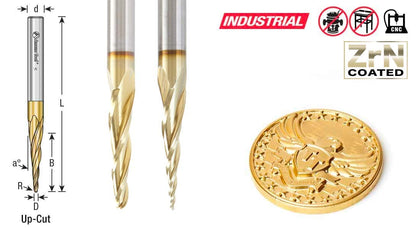 HSS1300 CNC 2D and 3D Carving Ball Nose 6.2 Deg Tapered Angle x 1/32 Dia x 1/64 Radius x 1 CH x 1/4 Shank x 3 Inch Long x 3 Flute High Speed Steel (HSS) ZrN Coated Upcut Router Bit