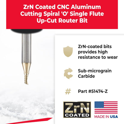 Amana Tool 51474-Z SC Spiral O Single Flute ZrN Coated Aluminum Cutting 1/8 D x 1/4 CH x 1/4 SHK x 2 Inch Long Up-Cut Router Bit withMirror Finish
