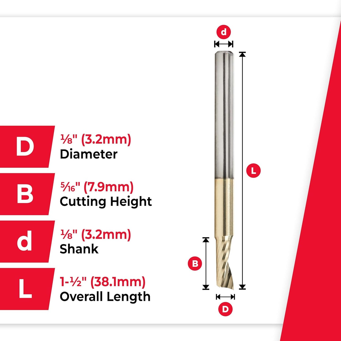 Amana Tool 51406-Z CNC SC Spiral O Single Flute Aluminum Cutting 1/8 D x 5/16 CH x 1/8 SHK x 1-1/2 Inch Long Up-Cut ZrN Coated Router Bit with Mirror Finish