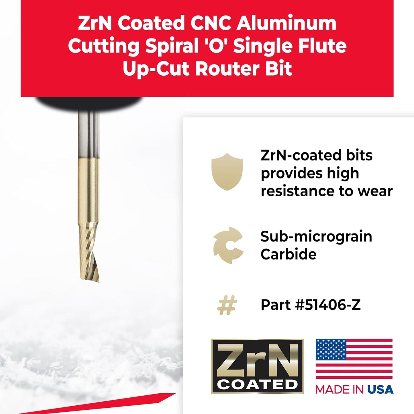 Amana Tool 51406-Z CNC SC Spiral O Single Flute Aluminum Cutting 1/8 D x 5/16 CH x 1/8 SHK x 1-1/2 Inch Long Up-Cut ZrN Coated Router Bit with Mirror Finish