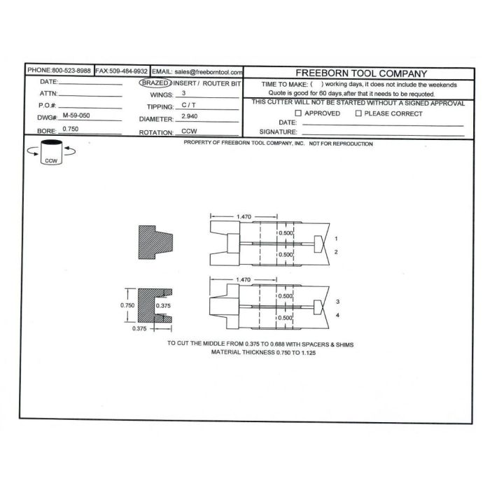 FREEBORN - MC-59-050 CARBIDE WEDGE TONGUE & GROOVE Shaper Cutter