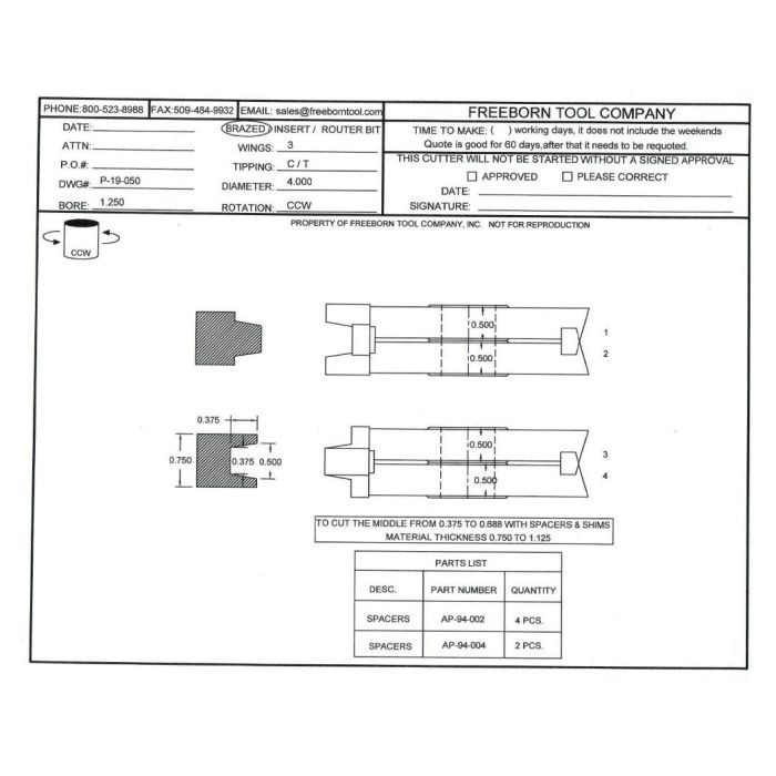 FREEBORN - PC-19-050 - CARBIDE WEDGE TONGUE & GROOVE Shaper Cutter